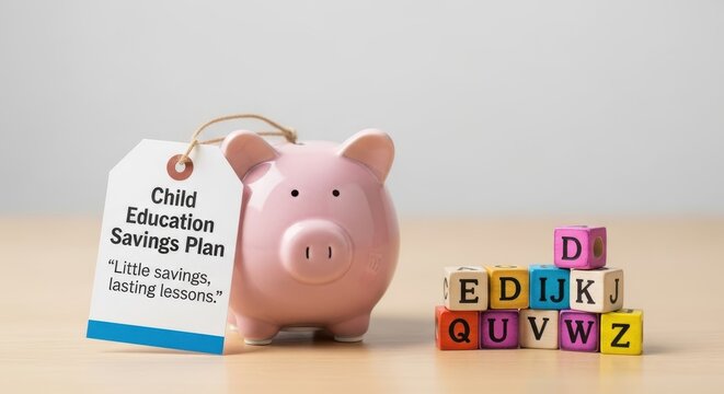 Piggybank with education savings plan label and alphabet blocks - Powered by Adobe