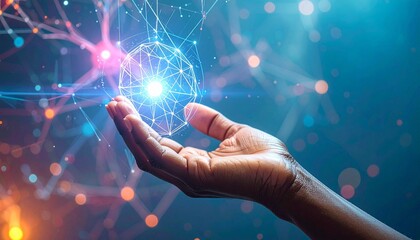 A hand touches glowing digital nodes, activating a circular interface in a futuristic network space.