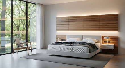 Modern minimalist bedroom with large window overlooking lush green forest, luxurious king-size bed, sleek wooden headboard with ambient lighting, and elegant armchair