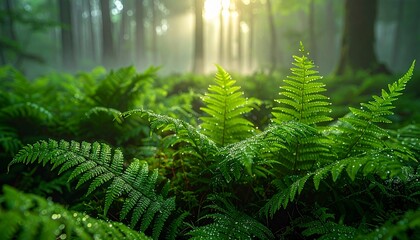 Dew-kissed ferns glow in misty forest light, framed by towering trees and tranquil air.