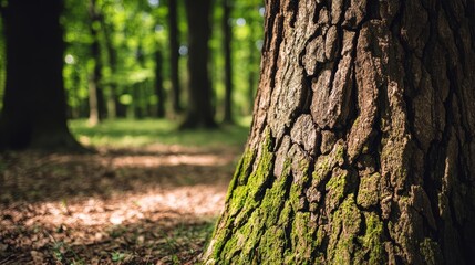 Fototapeta premium Sunlit Tree Trunk in a Lush Forest Setting.