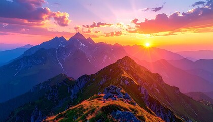 Sunset ignites rugged mountain peaks in vivid hues, casting dramatic shadows across a breathtaking landscape.