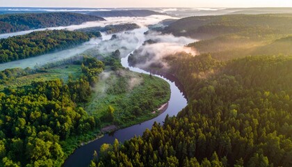 A winding river flows through misty forested hills, glowing softly in golden morning light.