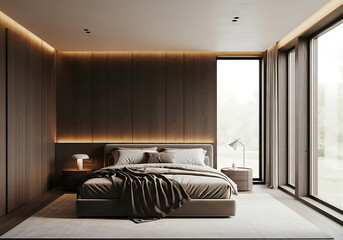 Modern luxury bedroom interior featuring dark wood paneling, warm ambient lighting, comfortable king-size bed, stylish nightstands and large windows.