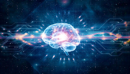 Digital AI brain with holographic circuits.