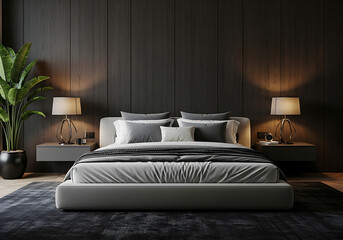 Modern bedroom interior with a bed, grey and white pillows, dark wood wall, bedside tables, lamps, and plant for a sophisticated and serene atmosphere.