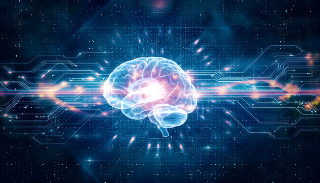 Digital AI brain with holographic circuits.