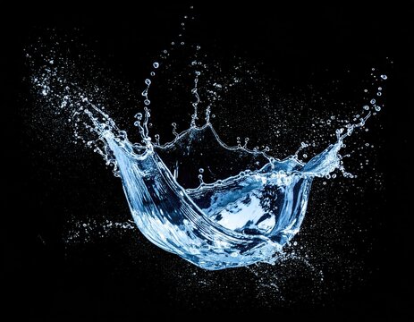 A Dynamic Blue Water Splash Frozen in Motion Against a Stark Black Background with Tiny Droplets Ascending