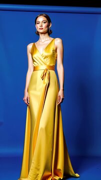 Elegant Woman in Vibrant Yellow Satin Gown Against Rich Blue Backdrop Showcasing Stunning Fashion and Sophisticated Style