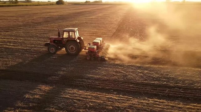 Aerial View of Red Tractor Harrowing Soil on Agricultural Land During Sunset Cultivating Land on Farm for Sowing Planting Seeds at Golden Hour Plowing Farming with Agriculture Machinery