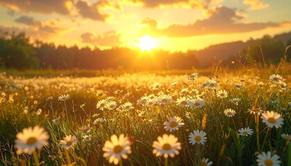 Golden sunlight bathes a daisy field, casting long shadows and painting the sky in warm hues.