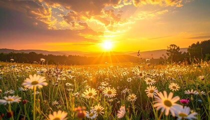 Golden sunlight bathes a daisy field, casting long shadows and painting the sky in warm hues.