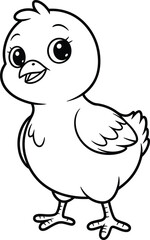 Cute baby chick coloring page, happy cartoon chicken line art illustration for kids, farm animal black and white drawing