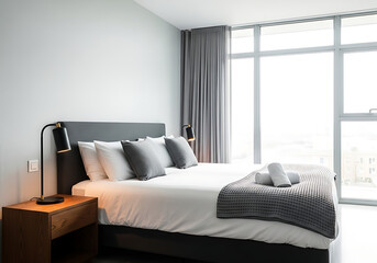 Contemporary bedroom interior featuring a comfortable bed with grey pillows and throw, modern black lamp on a wooden nightstand, and a large bright window view.