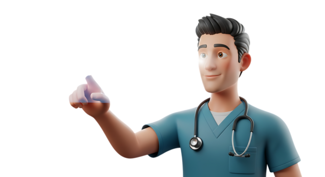 Cartoon doctor points with confidence, offering health solutions and medical expertise.
