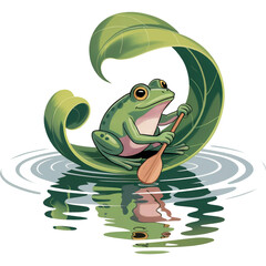 Leaf Boat Traveler - funny frog clipart design, Cute Amphibian animal, Entertaining Frog illustration, Happy Frog design sublimation
