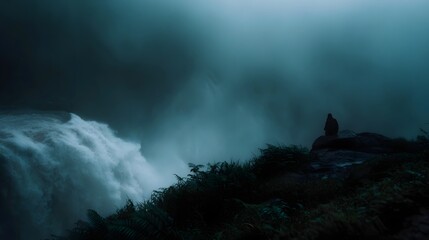 A solitary figure sits on a rock overlooking a powerful misty waterfall in a dark natural landscape