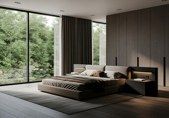 Modern bedroom interior with luxurious bed and large panoramic window offering a serene view of green forest, contemporary design, cozy atmosphere.