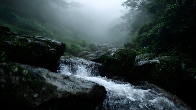 A serene stream flows over mossy rocks in a misty lush forest
