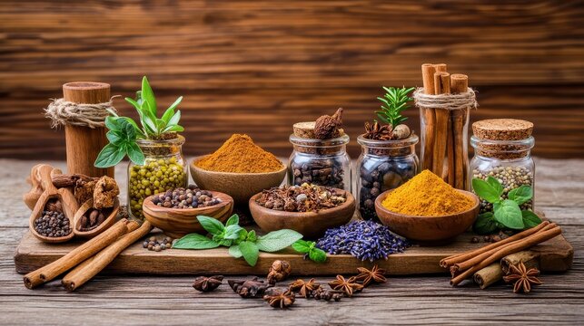 A collection of spices and herbs in small glass jars