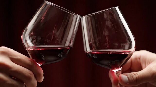 Two hands holding stemmed glasses with red liquid, toasting in front of a dark backdrop