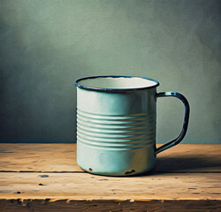 Rustic blue metal mug on wooden table