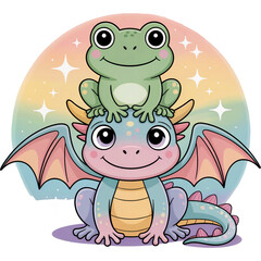 Tiny Dragon Rider Frog - funny frog clipart design, Cute Amphibian animal, Entertaining Frog illustration, Happy Frog design sublimation
