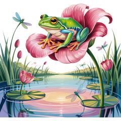 Water Lily Swing Frog - funny frog clipart design, Cute Amphibian animal, Entertaining Frog illustration, Happy Frog design sublimation

