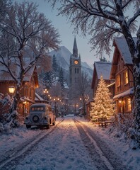 Charming snowy village street with glowing lights, vintage car, and decorated Christmas tree. Cozy winter evening atmosphere filled with nostalgia, warmth, and festive holiday spirit.