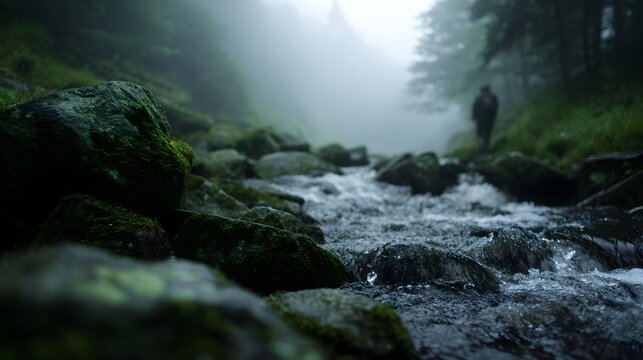A lone traveller walks along a stream flowing through a misty moss covered forest with fog creating an atmospheric serene mood