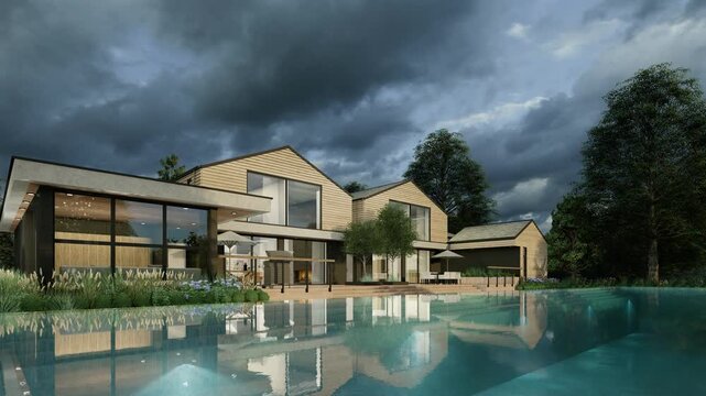 4K 3D Rendering Animation of Modern Farmhouse Exterior with Swimming Pool, Dawn time