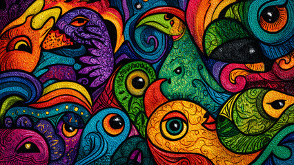 Whimsical Fantasy Animal Faces and Birds