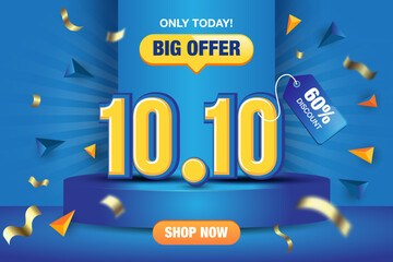10.10 Shopping day Poster or banner on blue background. Sales banner template design for social media and website. Special Offer Sale 60% Off campaign or promotion. Eps 10 vector illustration