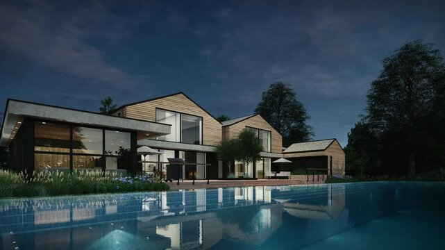 4K 3D Rendering Animation of Modern Farmhouse Exterior with Swimming Pool, Night time