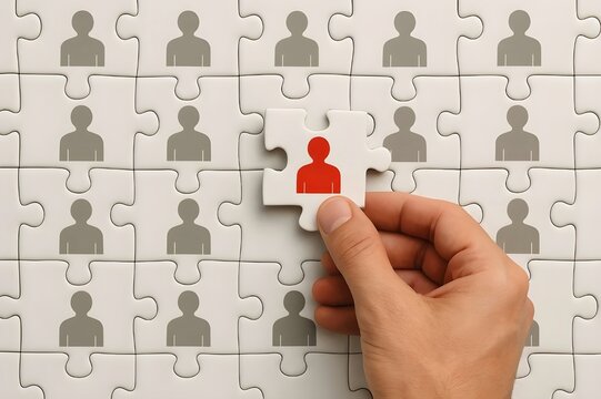 Find the perfect employee in a puzzle of talent showing recruitment success, business connections, and human resources management for a winning team