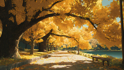 Golden Autumn Pathway with Tree Canopy