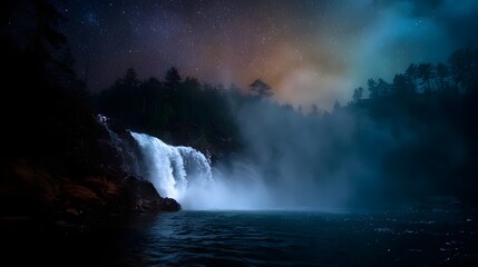 A majestic waterfall cascades into a pool at night illuminated by the soft glow of a starry sky with colorful nebulae and rising mist