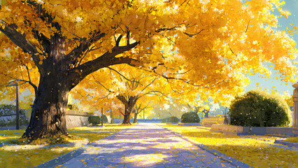 Golden Autumn Pathway with Tree Canopy