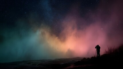 Fototapeta premium A lone photographer captures a dramatic scene of colorful mist rising from a waterfall under a vast starry night sky
