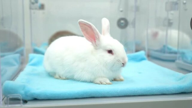 Albino Rabbit Resting on Blue Fleece Inside Transparent Enclosure Laboratory Setting Cute White Bunny with Pink Eyes and Ears in Research Facility for Medical Experiments