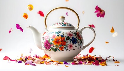 Floral teapot with petals floating/scattered around it