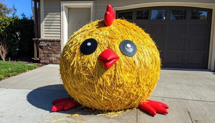 Hay bale chick stands in driveway