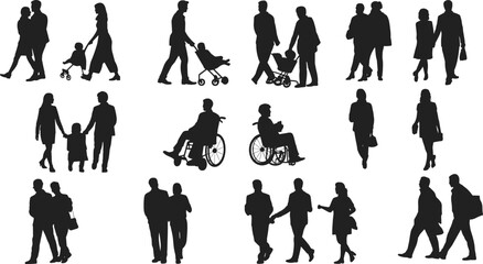 Collection of fifteen black silhouettes of people walking, families, couples, and wheelchair users, diverse human life illustration set