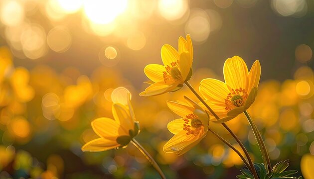 Close Up Macro View Of Yellow Buttercups In A Meadow Bathed In Golden Sunlight With Soft Bokeh Background And Dew Drops