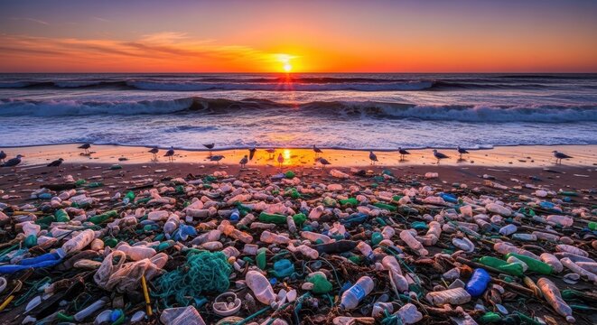 Polluted Beach with Plastic Waste Under a Sunset