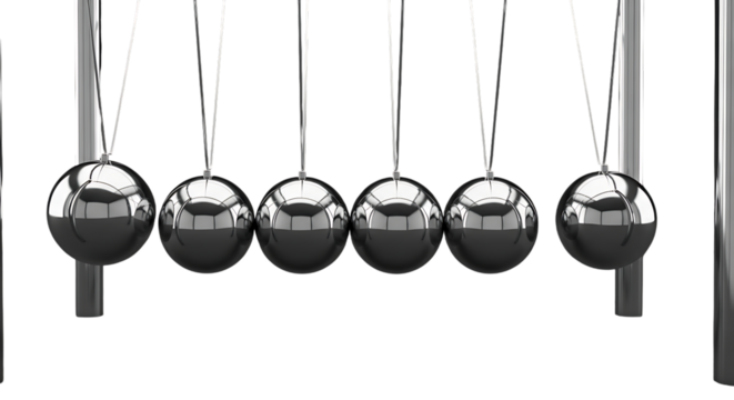Newtons cradle demonstrates momentum and energy, a classic physics concept visual