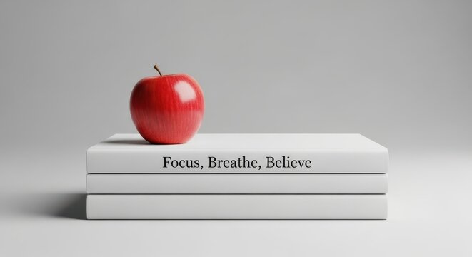 Red apple on white books with the words Focus Breathe Believe