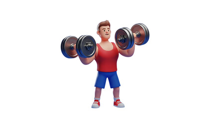 Cartoon man lifting dumbbells for fitness strength training and healthy lifestyle