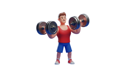 Cartoon man lifting dumbbells for fitness strength training and healthy lifestyle