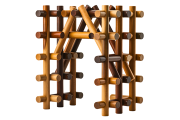 Interlocking wooden stick puzzle forming an abstract archway isolated with transparent background